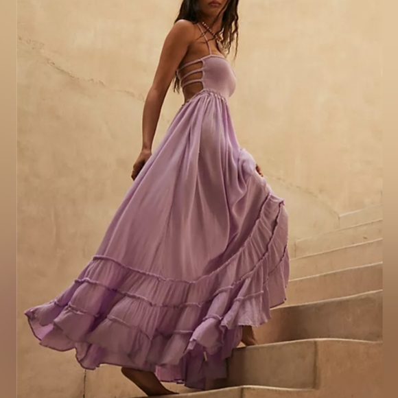 Pink Clay Maxi Halter Dress Long Tiered Full Flowy Gauze Bohemian Beach Vacation - Picture 8 of 10